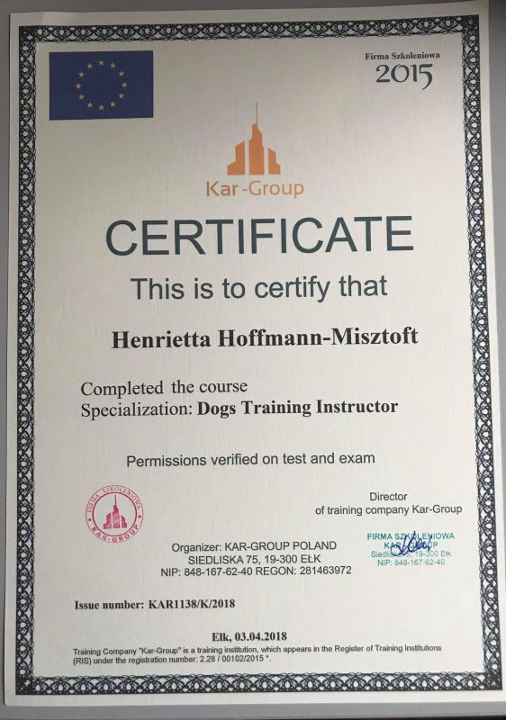 certyfikat szkolenie psów